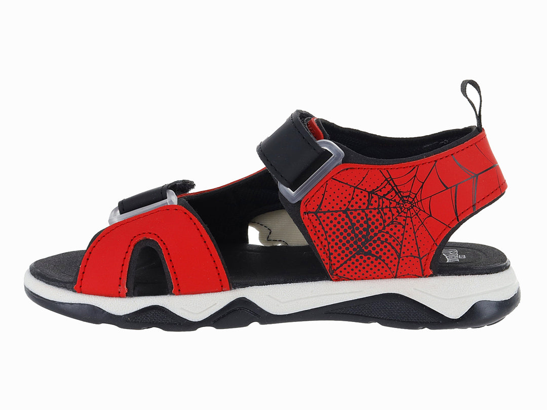 Sandalia roja para niño con estampado de Spider-Man, correas negras y suela blanca y negra