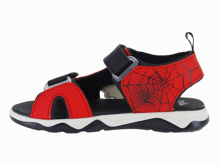 Sandalia roja para niño con estampado de Spider-Man, correas negras y suela blanca y negra