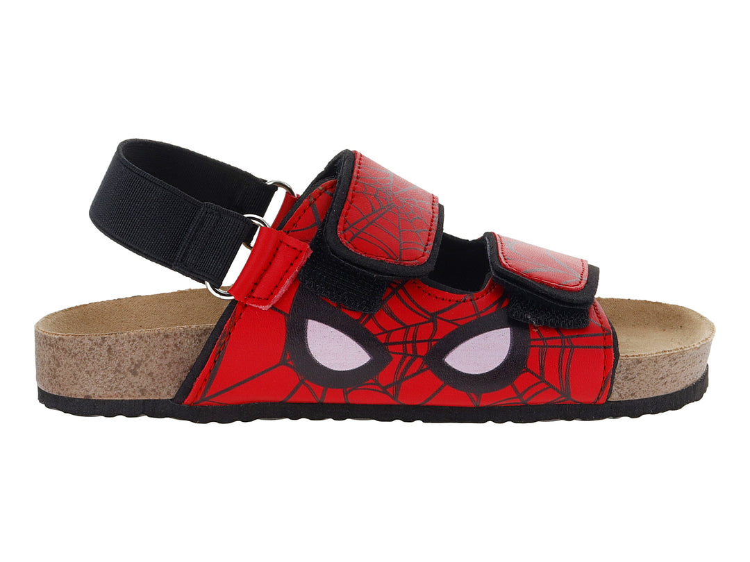 Sandalia roja para niño con diseño de Spider-Man, correas ajustables y suela tipo corcho.