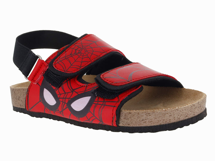 Sandalia roja para niño con diseño de Spider-Man, correas ajustables y suela tipo corcho.