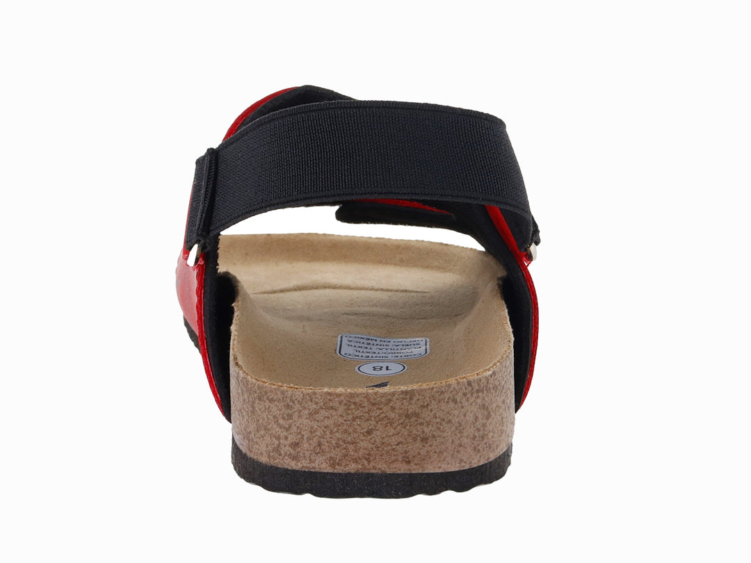 Sandalia roja para niño con diseño de Spider-Man, correas ajustables y suela tipo corcho.