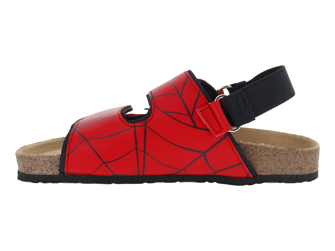 Sandalia roja para niño con diseño de Spider-Man, correas ajustables y suela tipo corcho.