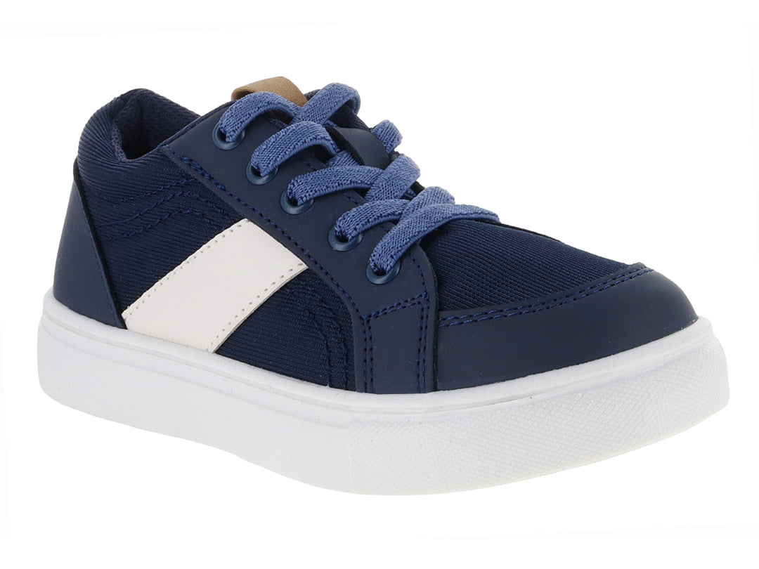 Tenis infantiles color azul marino con franja blanca y suela blanca.