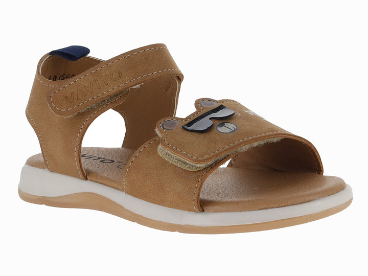 Sandalia VAVITO color camel para niña con correa de velcro y suela blanca.