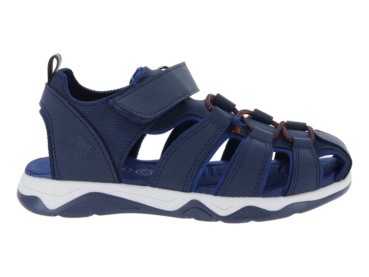 Sandalia deportiva para niño en color azul marino con suela blanca y cierre de velcro.
