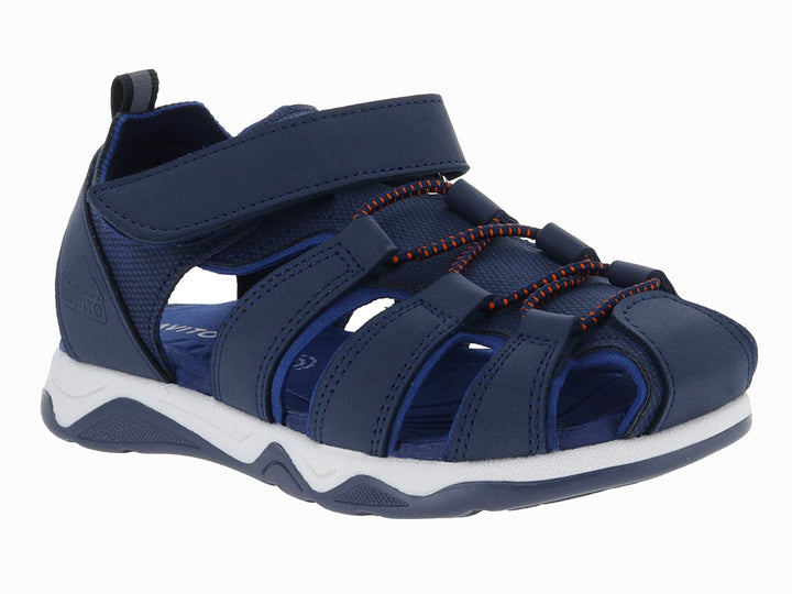 Sandalia deportiva para niño en color azul marino con suela blanca y cierre de velcro.
