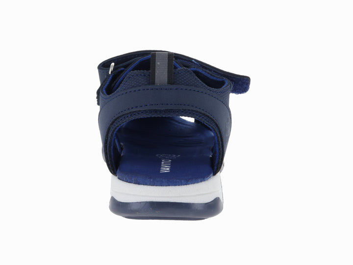 Sandalia deportiva para niño en color azul marino con suela blanca y cierre de velcro.