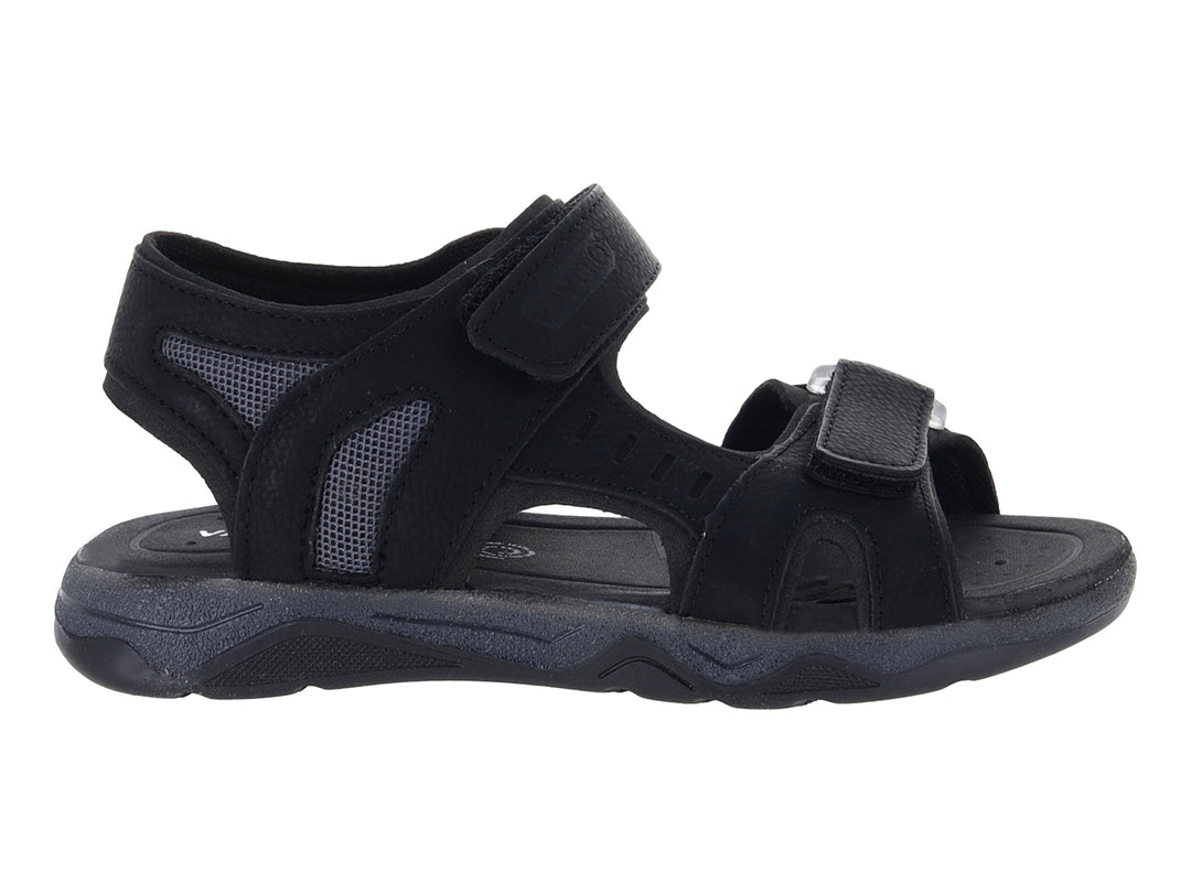Sandalia deportiva color negro con detalles en gris y cierres de velcro.