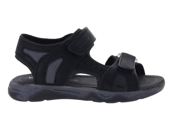 Sandalia deportiva color negro con detalles en gris y cierres de velcro.
