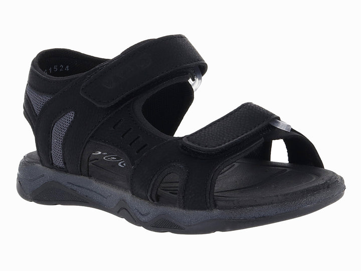 Sandalia deportiva color negro con detalles en gris y cierres de velcro.