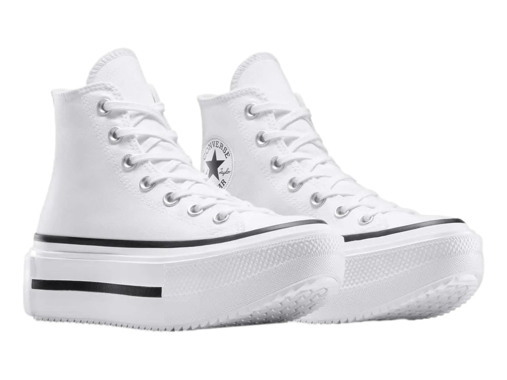 Tenis Converse blancos de caña alta con suela de plataforma doble y detalles en negro.