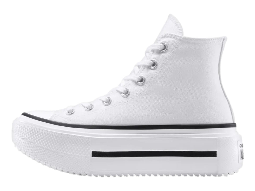 Tenis Converse blancos de caña alta con suela de plataforma doble y detalles en negro.