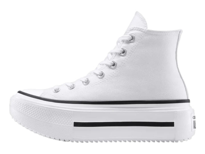 Tenis Converse blancos de caña alta con suela de plataforma doble y detalles en negro.