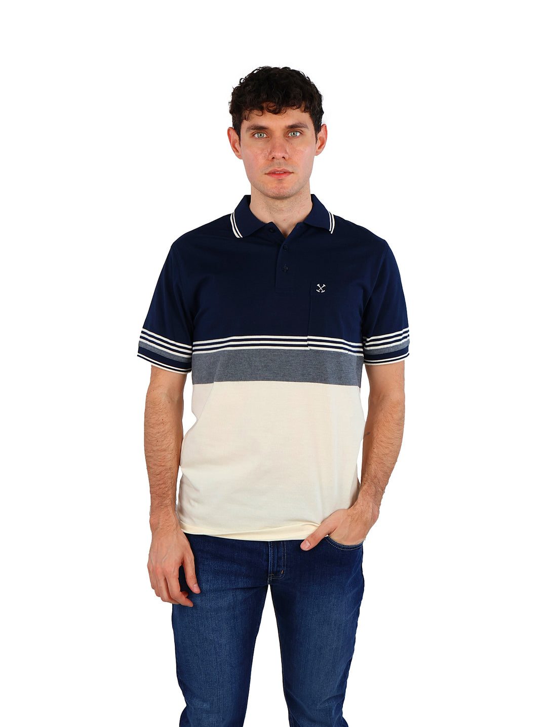 Playera polo para hombre Palm Beach en colores navy, gris y crema con diseño de bloques de color.