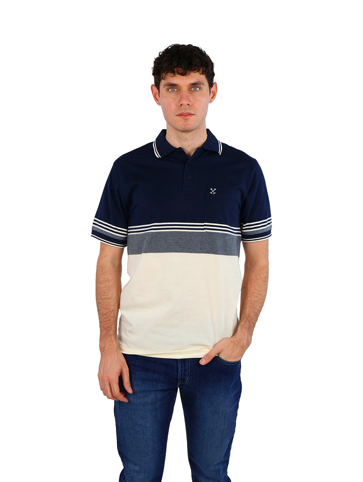 Playera polo para hombre Palm Beach en colores navy, gris y crema con diseño de bloques de color.