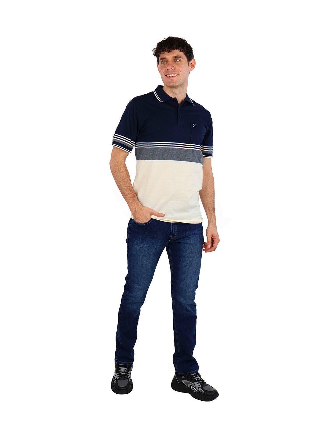 Playera polo para hombre Palm Beach en colores navy, gris y crema con diseño de bloques de color.