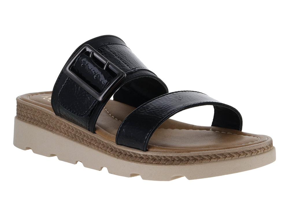 Sandalias negras de charol con plataforma beige y hebilla decorativa para mujer.
