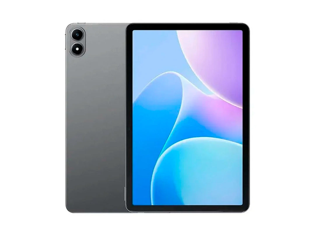 Tablet Infinix XPad color gris con pantalla de 11 pulgadas, vista frontal y posterior.