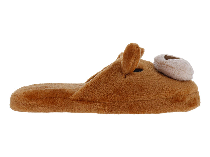 Pantufla de peluche color café con diseño de perezoza.