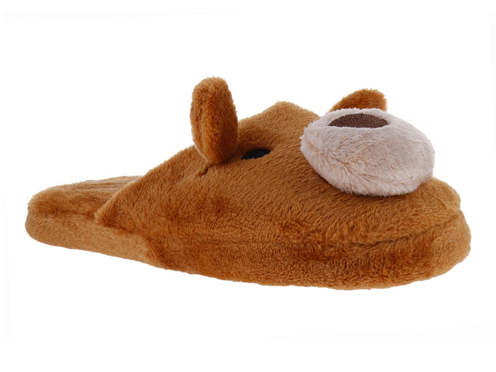 Pantufla de peluche color café con diseño de perezoza.