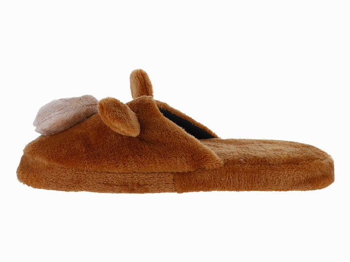 Pantufla de peluche color café con diseño de perezoza.