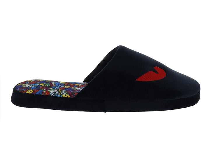 Pantufla azul marino de la marca Perezozas con detalle rojo y plantilla multicolor.