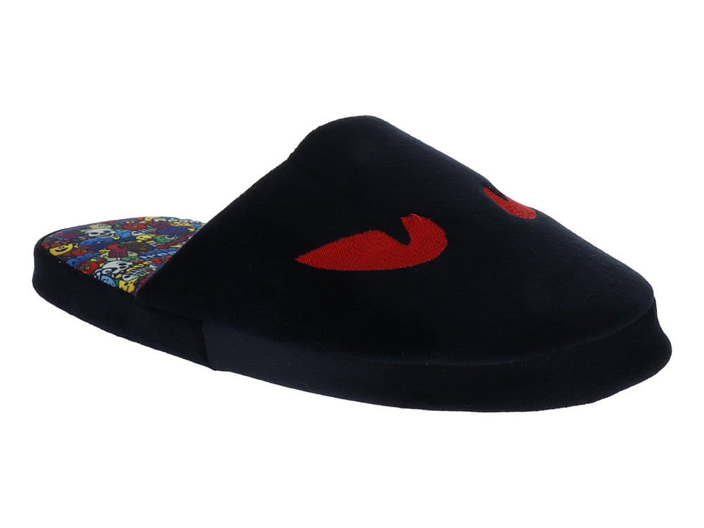 Pantufla azul marino de la marca Perezozas con detalle rojo y plantilla multicolor.