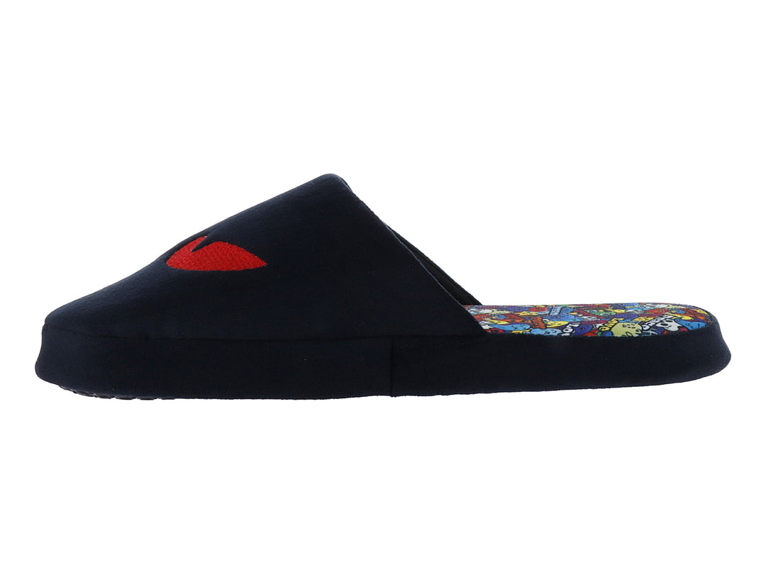 Pantufla azul marino de la marca Perezozas con detalle rojo y plantilla multicolor.