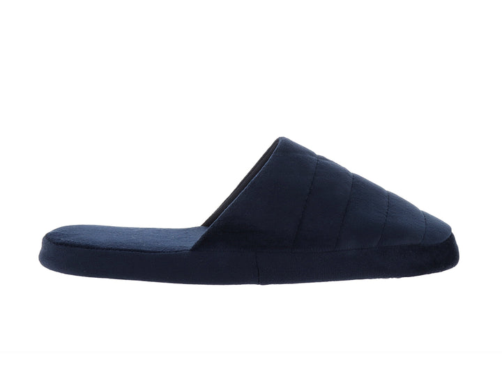 Pantufla azul marino de estilo slide con acabado suave en terciopelo.