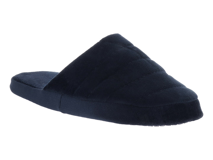 Pantufla azul marino de estilo slide con acabado suave en terciopelo.