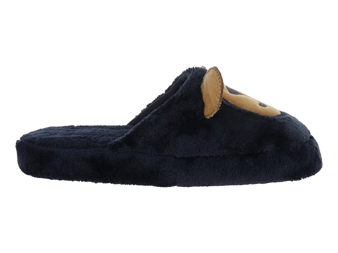 Pantufla de peluche color negro con detalles amarillos en forma de cara de animal.