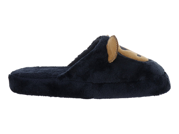 Pantufla de peluche color negro con detalles amarillos en forma de cara de animal.