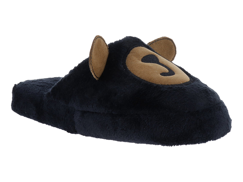 Pantufla de peluche color negro con detalles amarillos en forma de cara de animal.