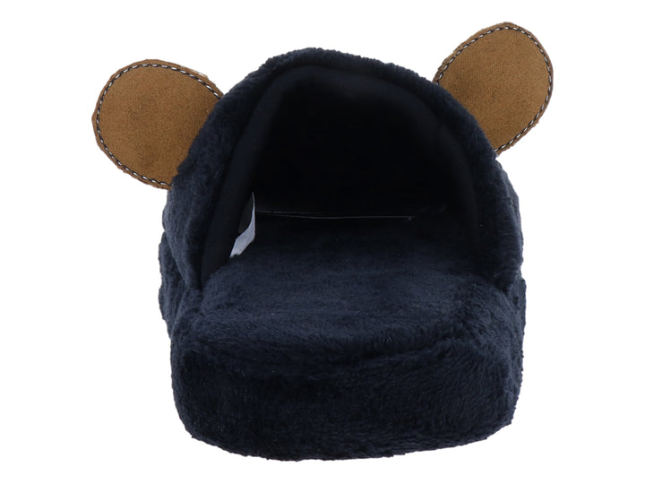 Pantufla de peluche color negro con detalles amarillos en forma de cara de animal.