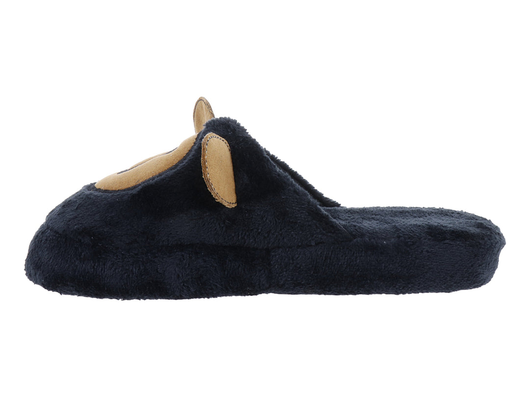 Pantufla de peluche color negro con detalles amarillos en forma de cara de animal.