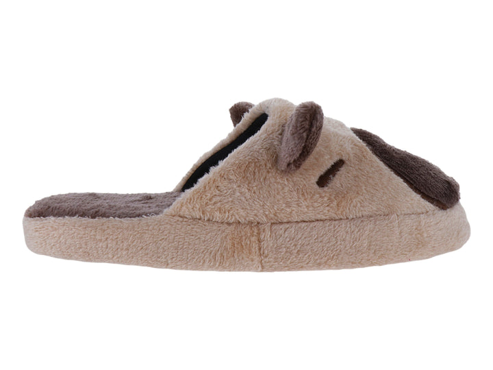 Pantufla de peluche color café con diseño de perezosa, ideal para descanso en casa.