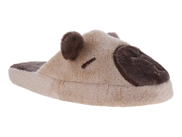 Pantufla de peluche color café con diseño de perezosa, ideal para descanso en casa.