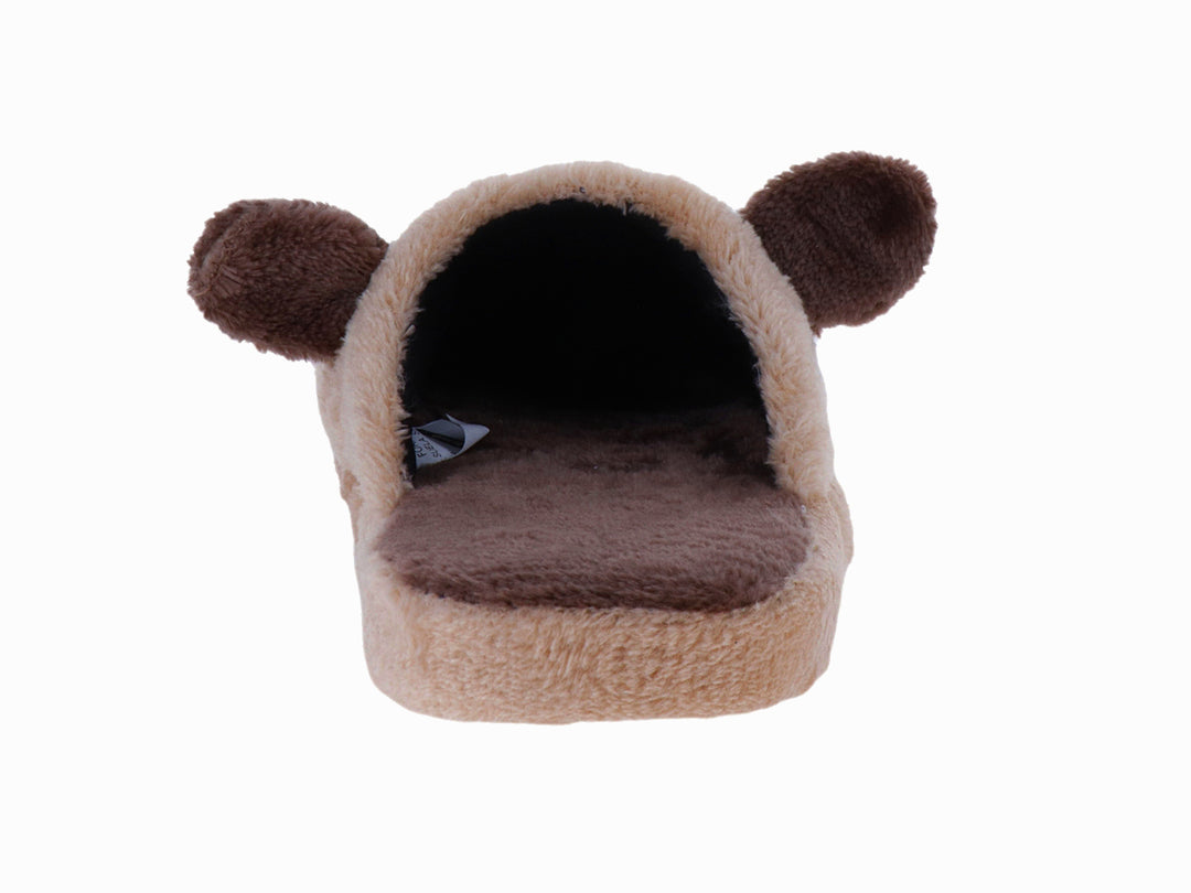 Pantufla de peluche color café con diseño de perezosa, ideal para descanso en casa.