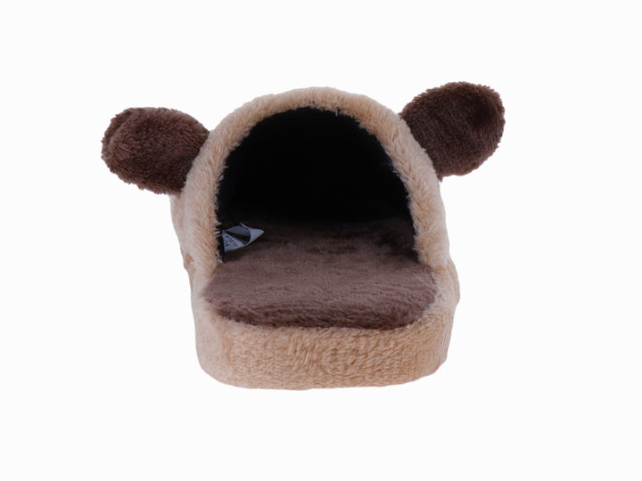 Pantufla de peluche color café con diseño de perezosa, ideal para descanso en casa.
