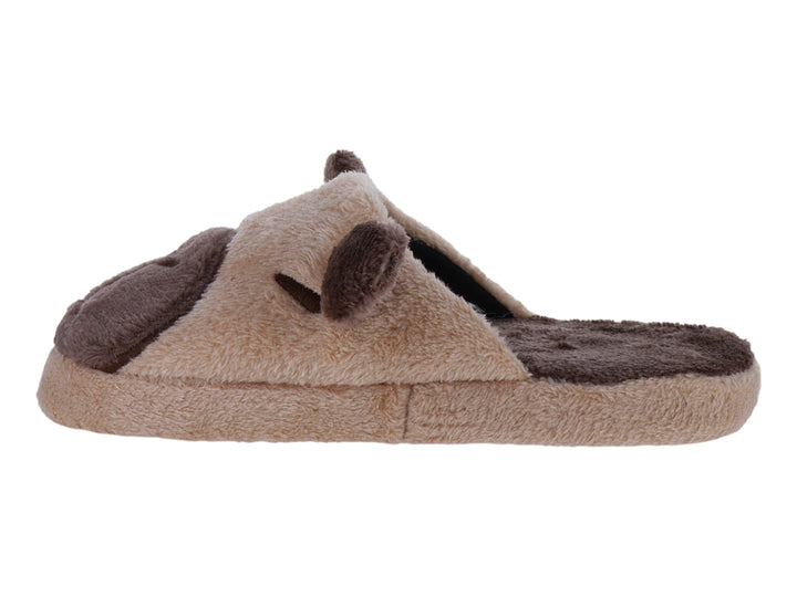 Pantufla de peluche color café con diseño de perezosa, ideal para descanso en casa.