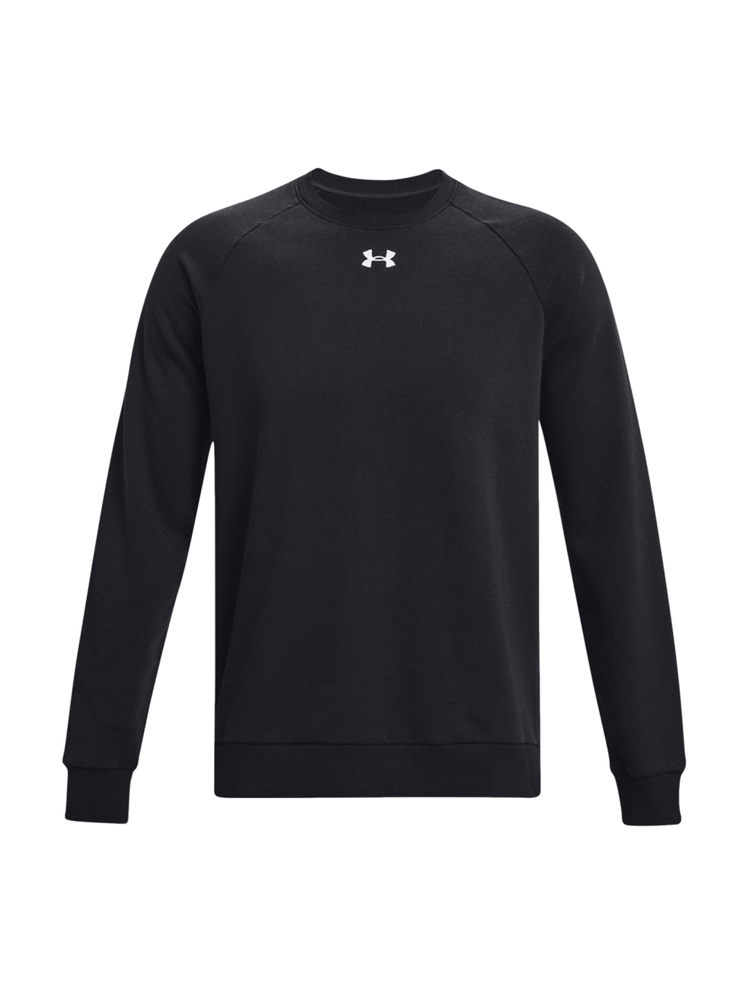 Hombre vistiendo una sudadera negra de cuello redondo de la marca Under Armour.