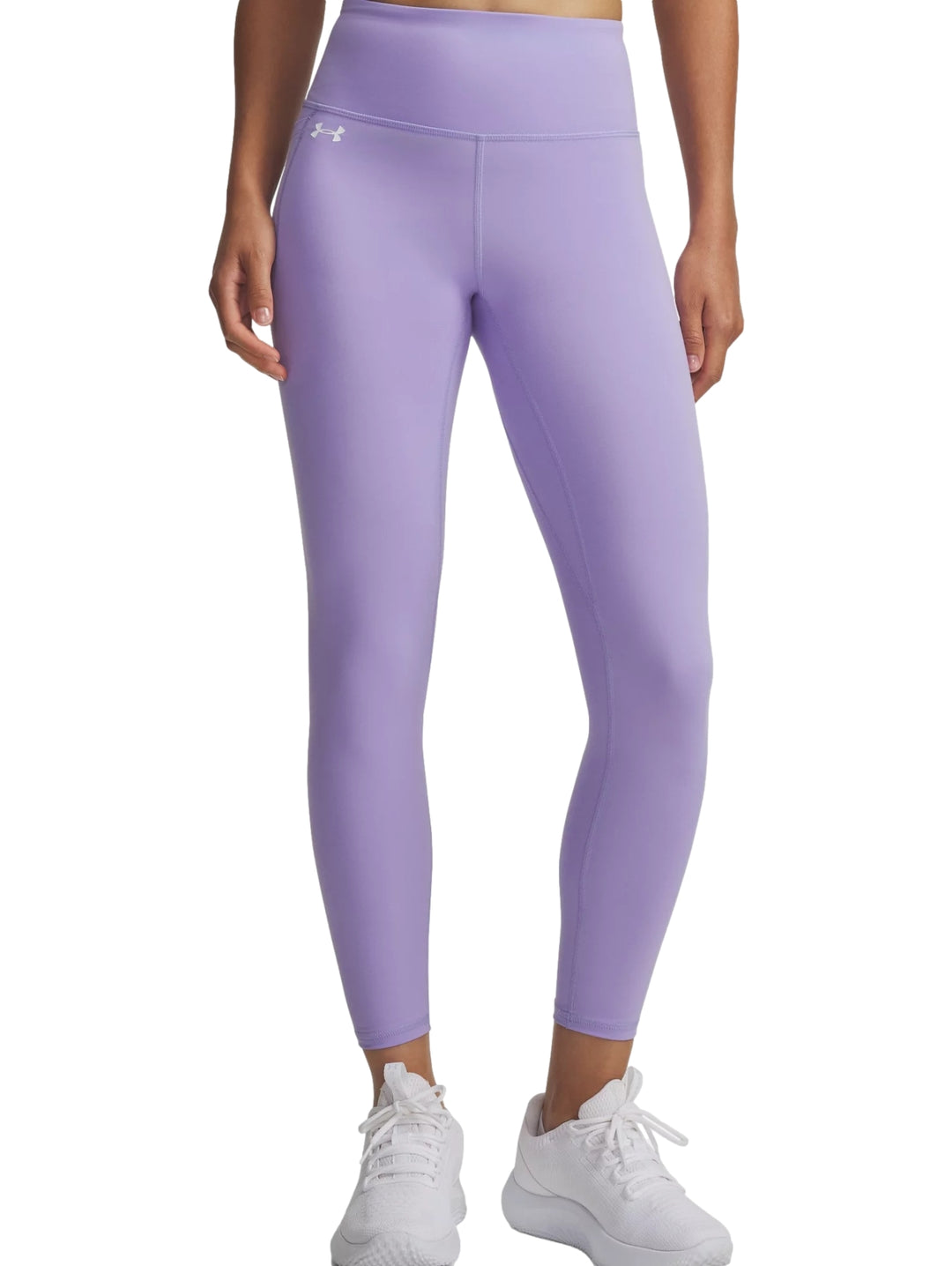 Leggings deportivos Under Armour color morado claro, de cintura alta y corte al tobillo.