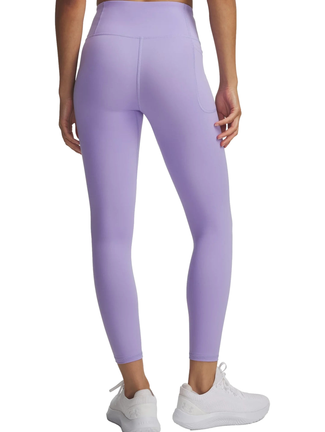 Leggings deportivos Under Armour color morado claro, de cintura alta y corte al tobillo.