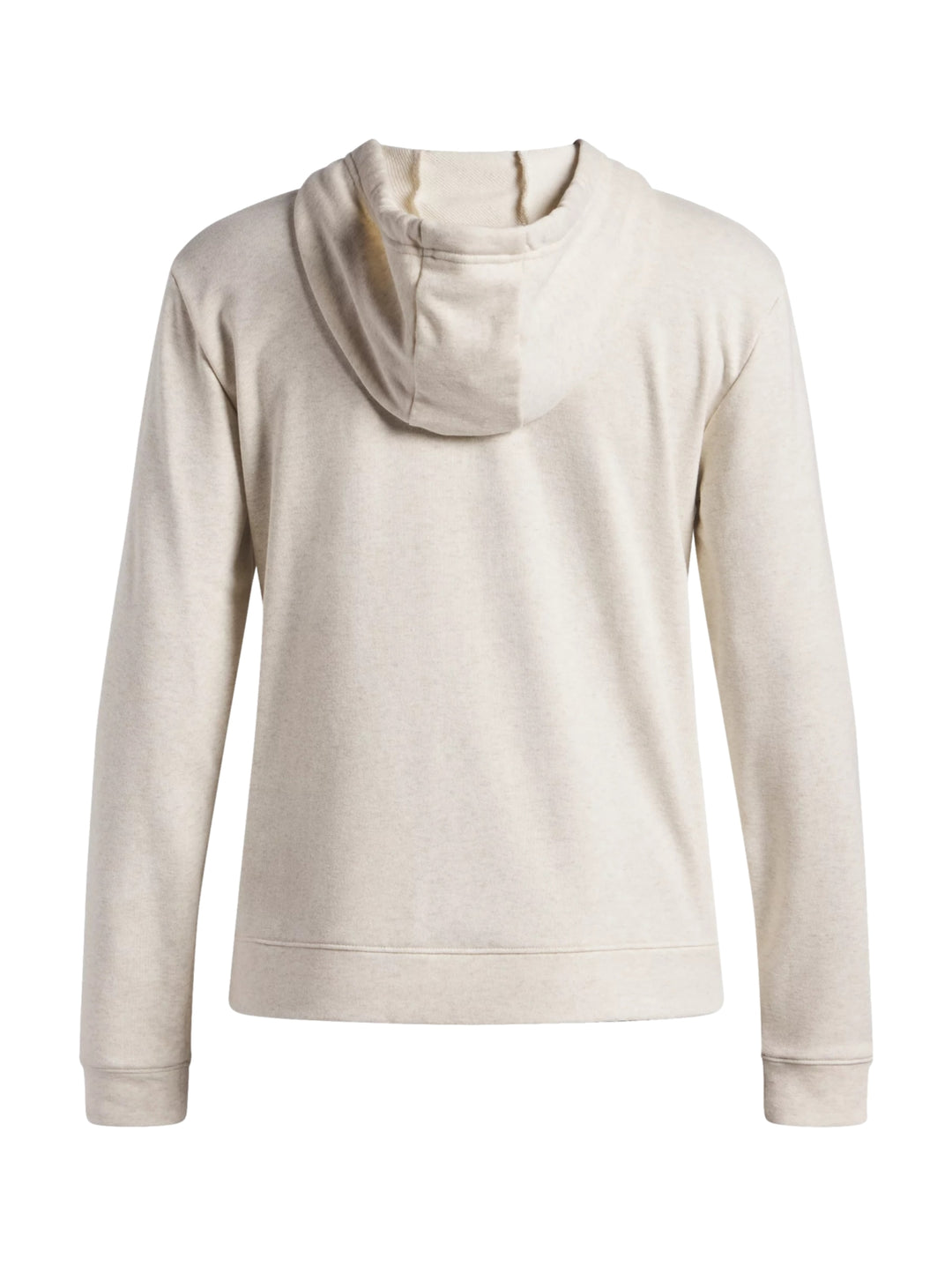 Mujer vistiendo sudadera con capucha Under Armour en color beige claro.