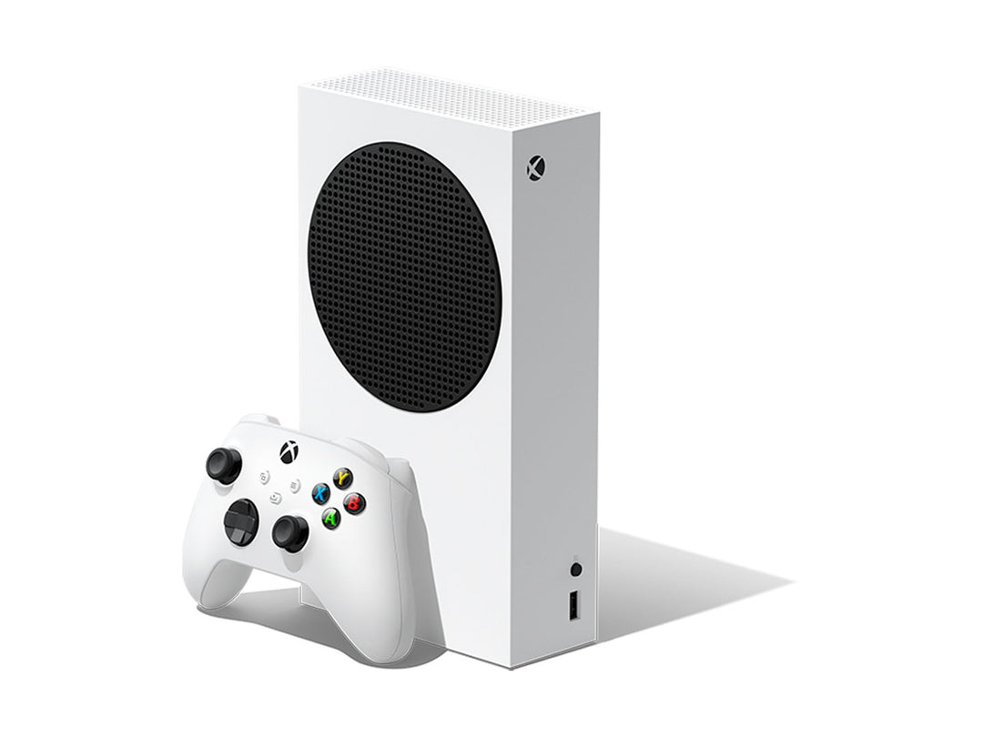 Consola Microsoft Xbox Series S blanca con su control inalámbrico sobre fondo blanco.