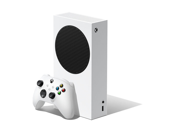 Consola Microsoft Xbox Series S blanca con su control inalámbrico sobre fondo blanco.