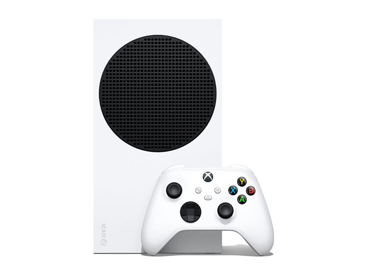 Consola Microsoft Xbox Series S blanca con su control inalámbrico sobre fondo blanco.