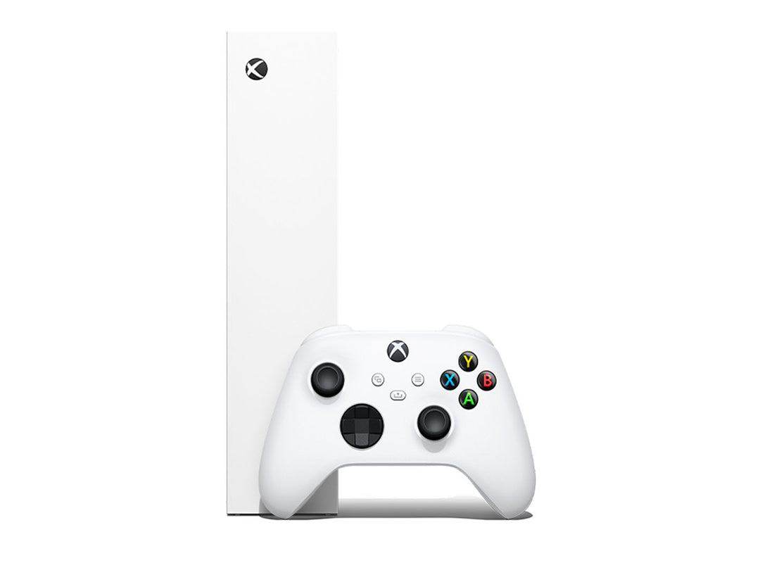 Consola Microsoft Xbox Series S blanca con su control inalámbrico sobre fondo blanco.