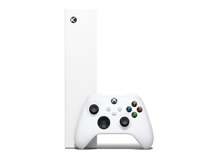Consola Microsoft Xbox Series S blanca con su control inalámbrico sobre fondo blanco.