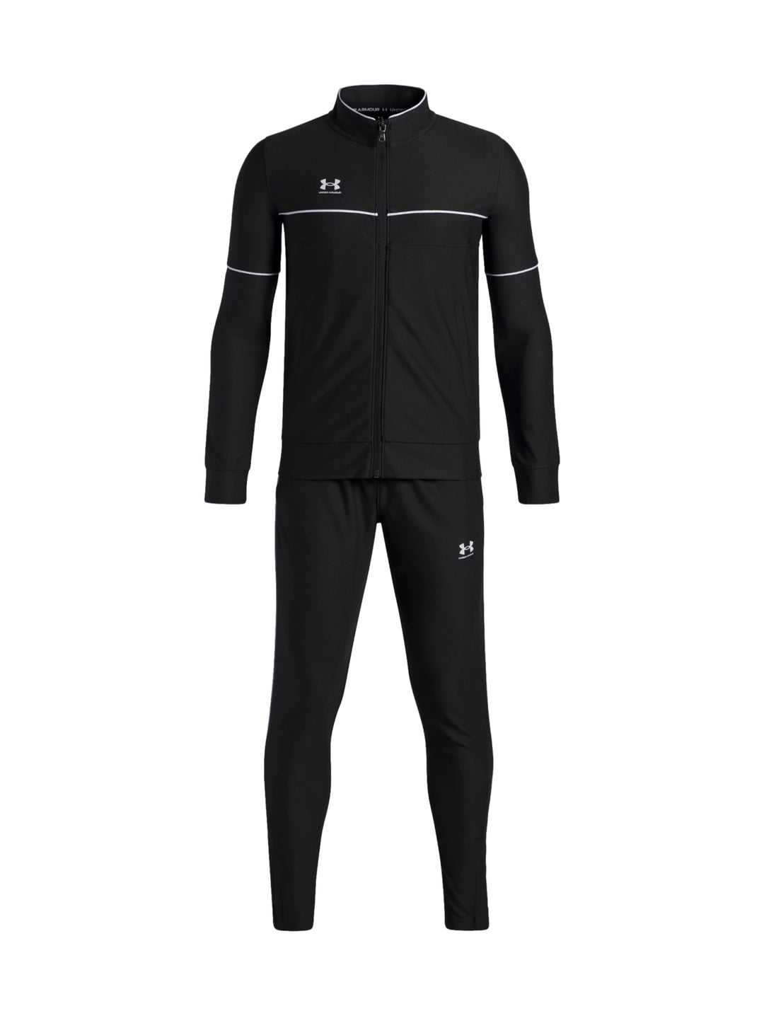 Conjunto deportivo Under Armour de dos piezas en color negro con detalles blancos, incluye chaqueta y pantalón.